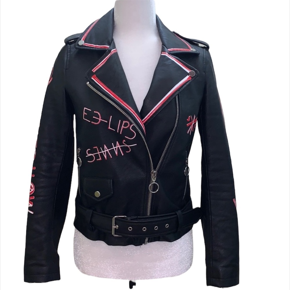 NWOT Zara basic faux leather moto jacket graffiti graphic motorcycle jacket Blk